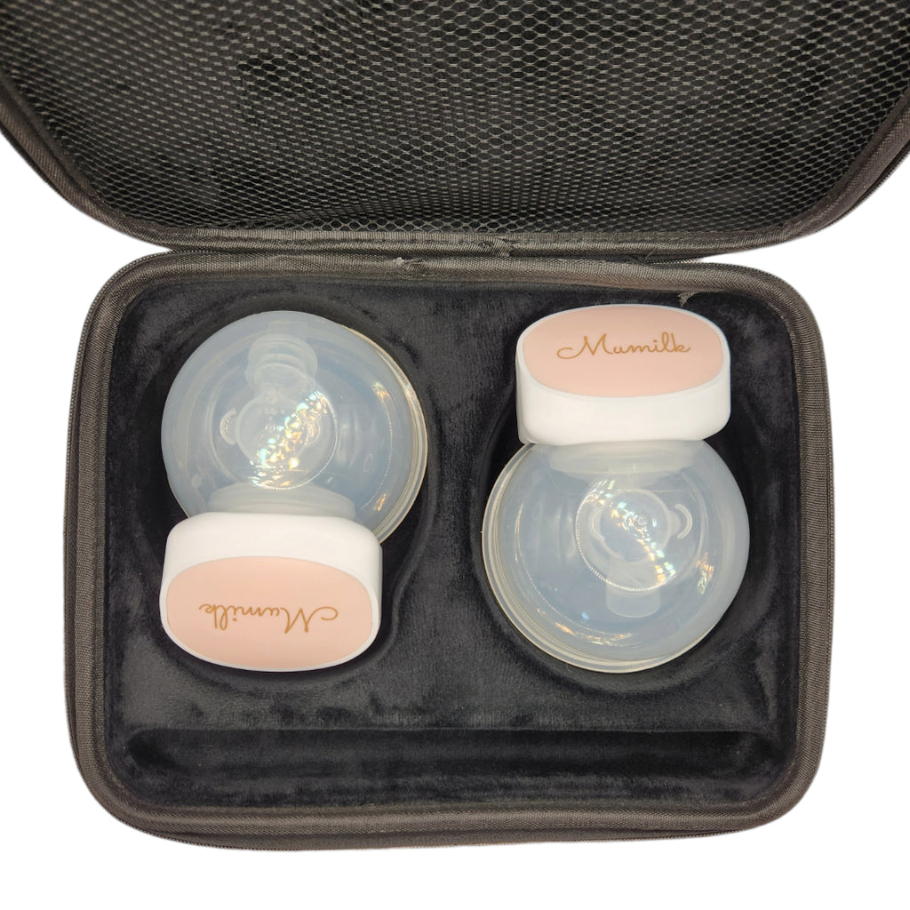 two mumilk breast pumps inside a travel case